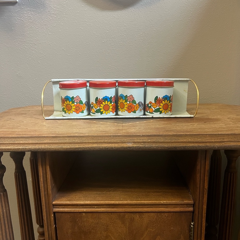 Vintage Floral Canister Set with Red Lids with shelf